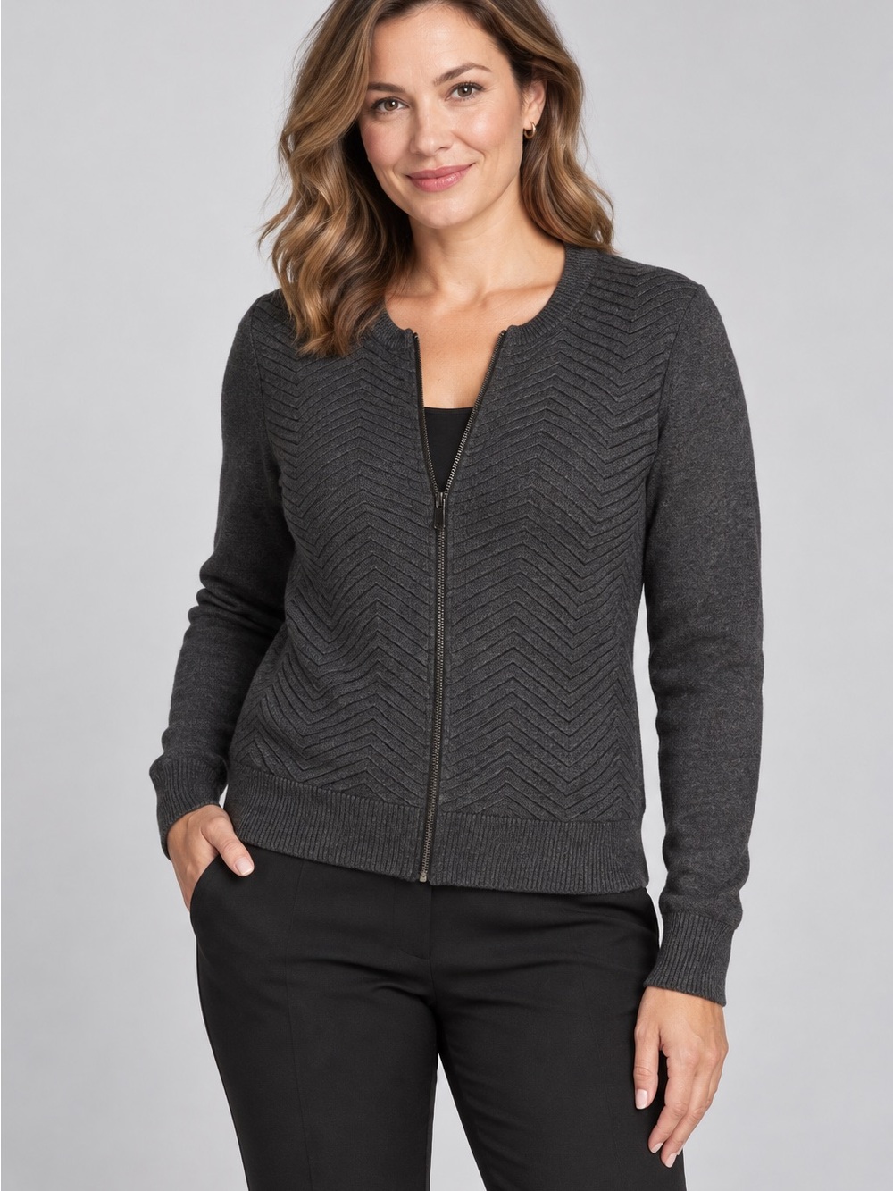 NWT Dark Gray Chevron Zip-Front Cardigan, Size Medium (M)